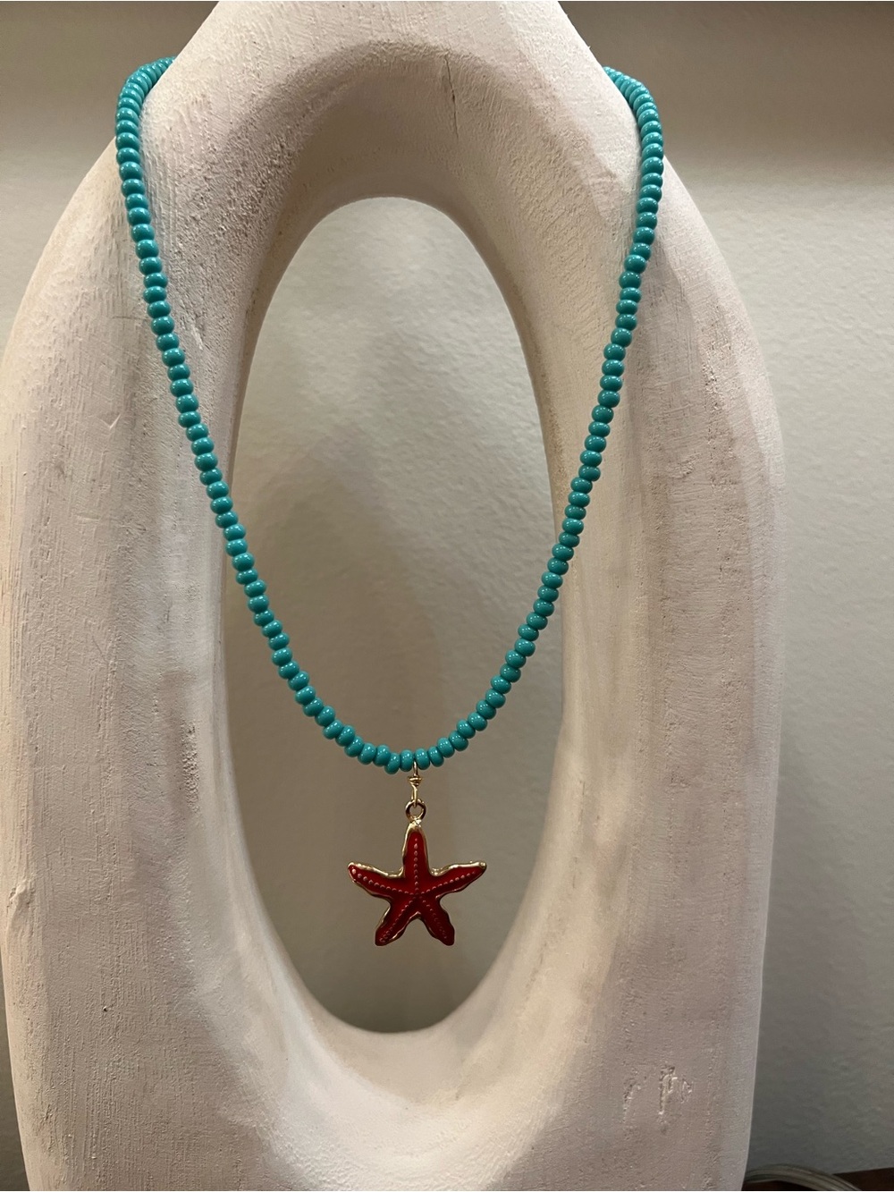 Turquoise Beaded Necklace with Red Starfish Charm